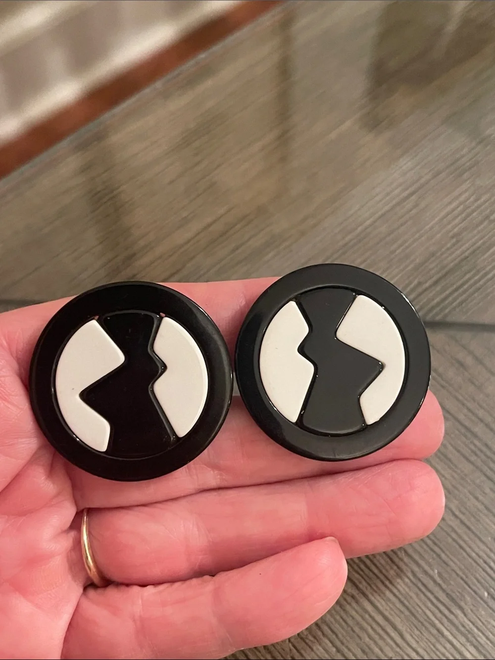 Vintage Black & White Geometric Button Clip Earrings Retro Mod Acrylic Earrings